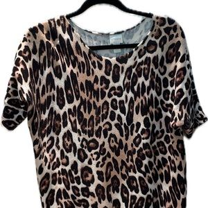 Chicos Womens Knit top Size 1 Medium Brown Cheetah Print career work oversized.